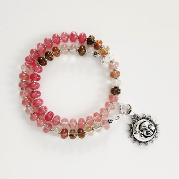 OMBRE ROSE GEMSTONE NECKLACE W. SUN & MOON PENDANT--16" - Picture 4 of 4